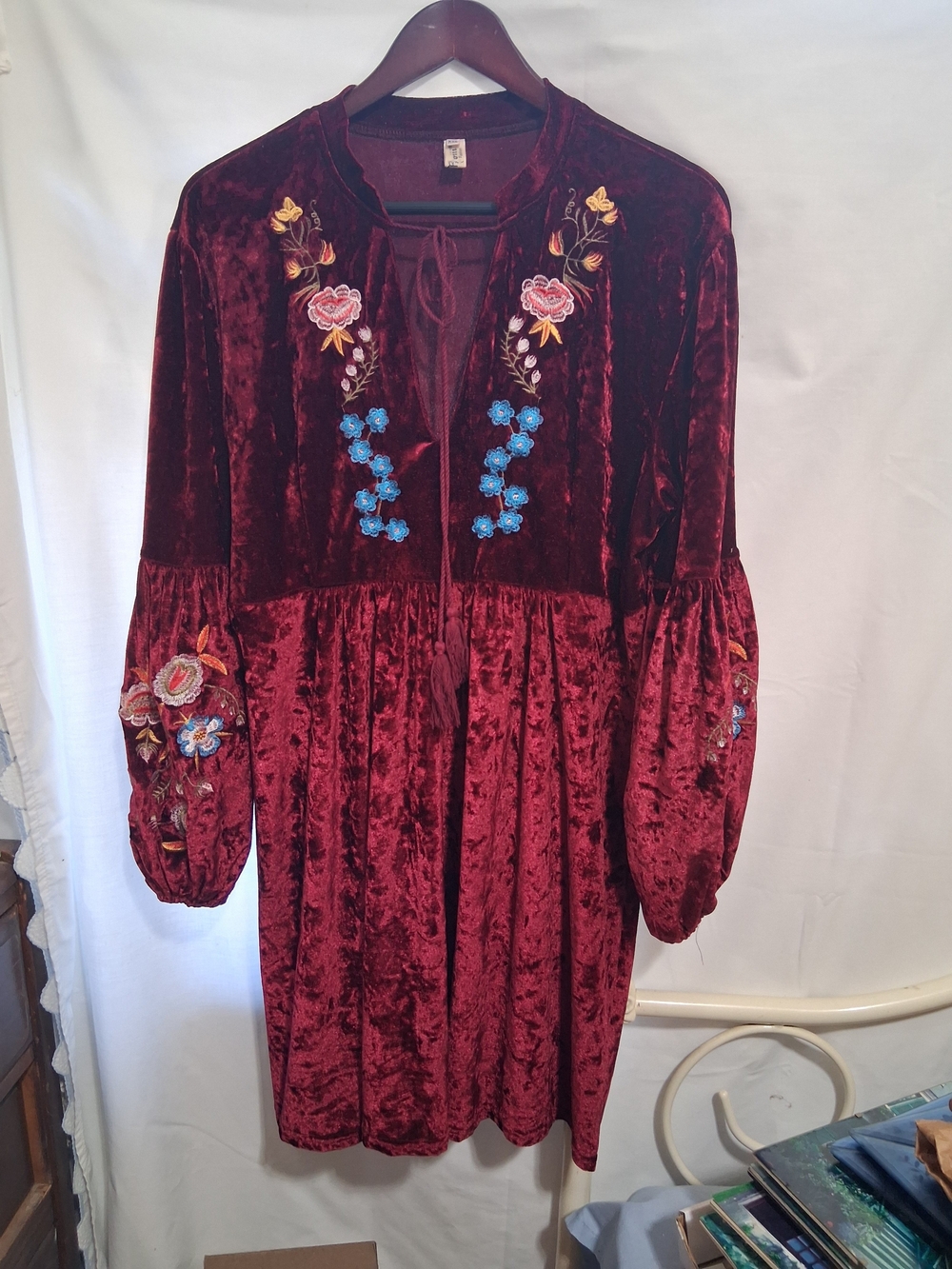 BoHo Floral Embroidered Burgundy Velvet  Vintage Inspired Tunic Dress XXL  Roiii